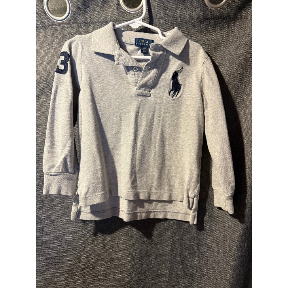 Polo Ralph Lauren Kids Gray Long Sleeve Polo Shirt Big Pony Logo Number 3 Patch
